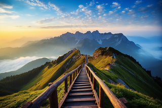 爬山栈道高山山顶云雾大自然风光摄影图