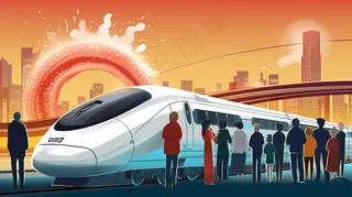 中国传统节日春节除夕春运赶火车回家团聚的人物插画海报背景