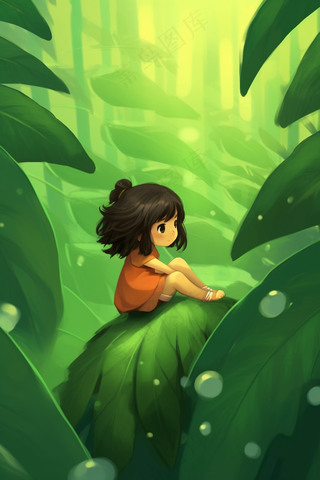 春夏女孩坐着绿叶上创意插画背景