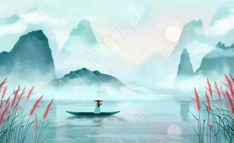 白露中国山水画古风芦苇水墨画寒露背景(1408x864)