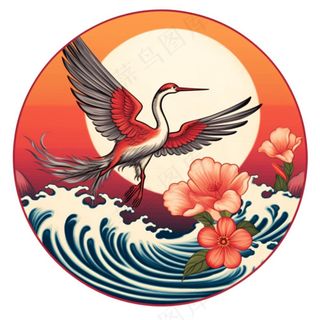 国潮仙鹤国风圆形插画免抠
