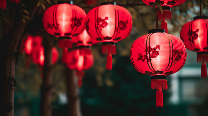 新年树梢挂着红灯笼喜庆摄影图