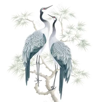 一对仙鹤站在松树上古风插画免抠