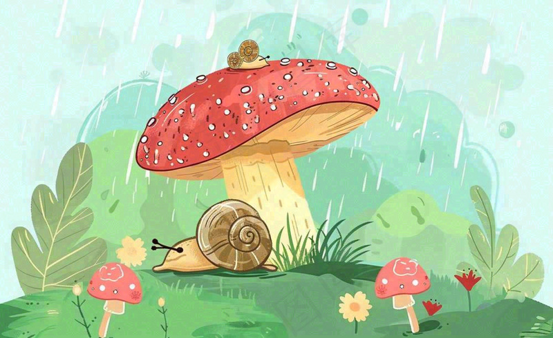 春天雨水蘑菇上的蜗牛森林惊蛰谷雨插画背景(1408x864)