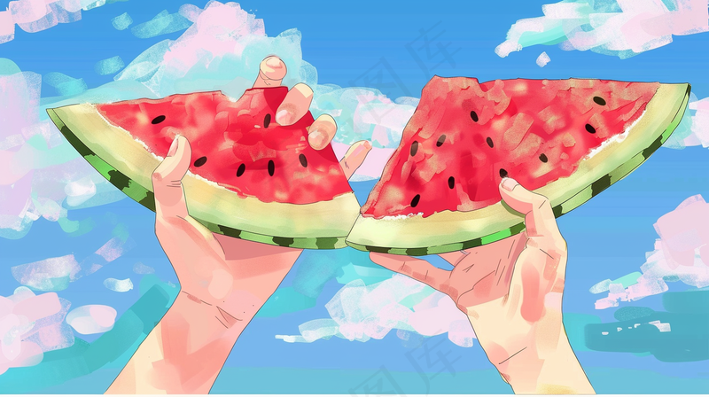 夏日西瓜手拿西瓜蓝天白云油画插画背景(4368x2448)