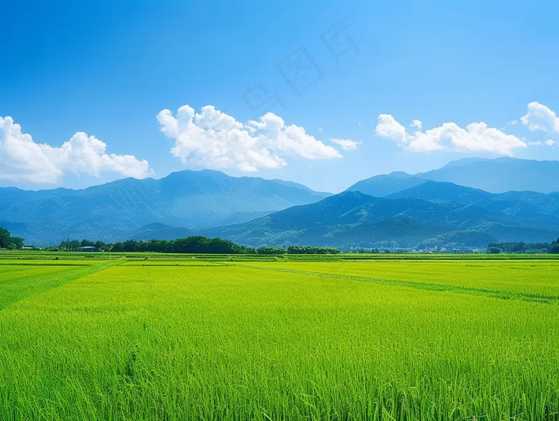 大片农田水稻远山蓝天白云摄影图(3696x2784)
