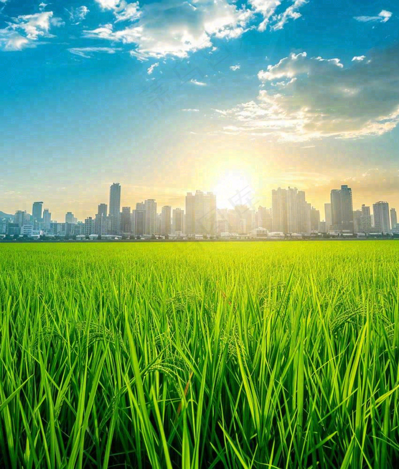 水稻农田生长远处城市落日余晖小满芒种摄影图