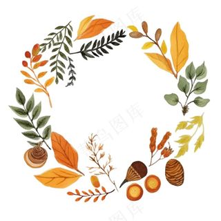 枫叶落叶树叶简约秋天圆形边框水彩画插画免抠