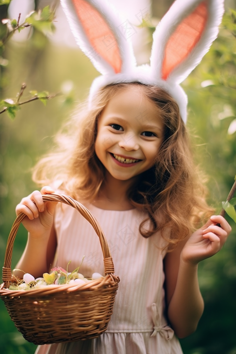 森林抱着竹篮果篮的女孩美丽少女摄影图