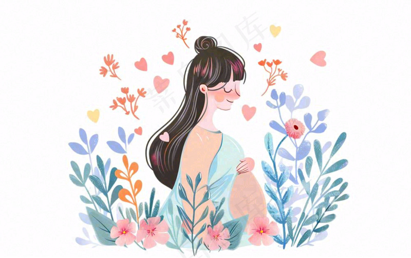 孕妇妈妈育儿鲜花拥促人物卡通插画免抠(1376x864)
