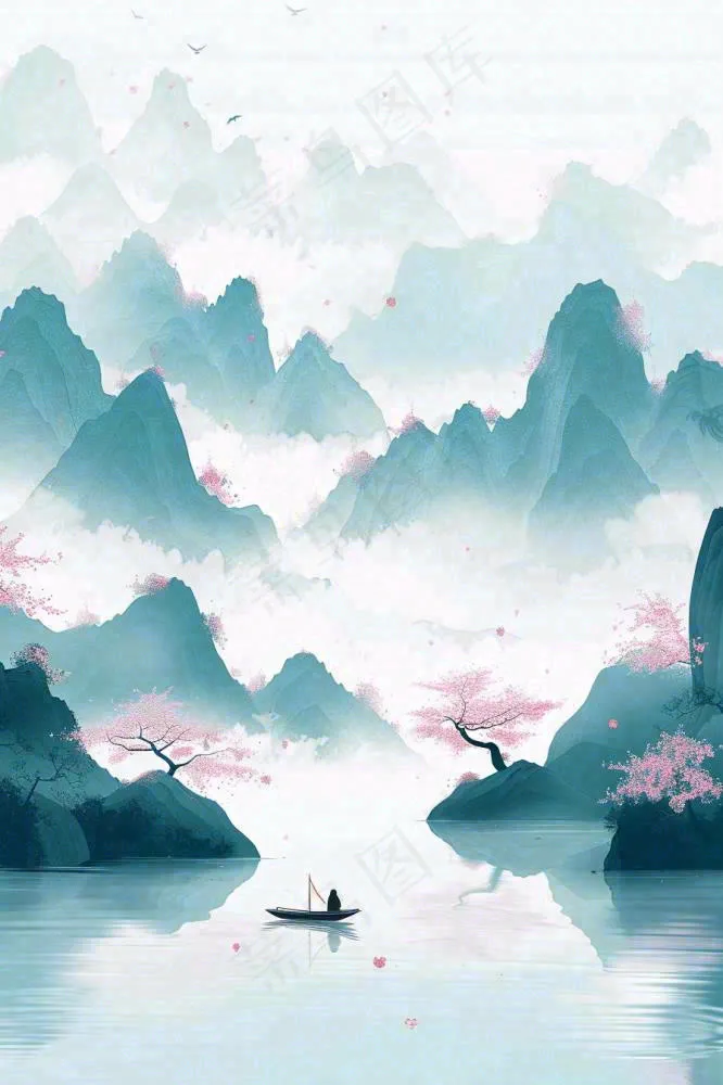 中国风水墨山水画梅花遍地开船春天春分清明插画背景(896x1344)