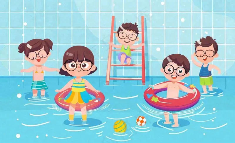 蓝色儿童夏天游泳池插画卡通夏日立夏夏至大暑小暑游泳插画背景(1408x864)