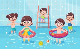 蓝色儿童夏天游泳池插画卡通夏日立夏夏至大暑小暑游泳插画背景