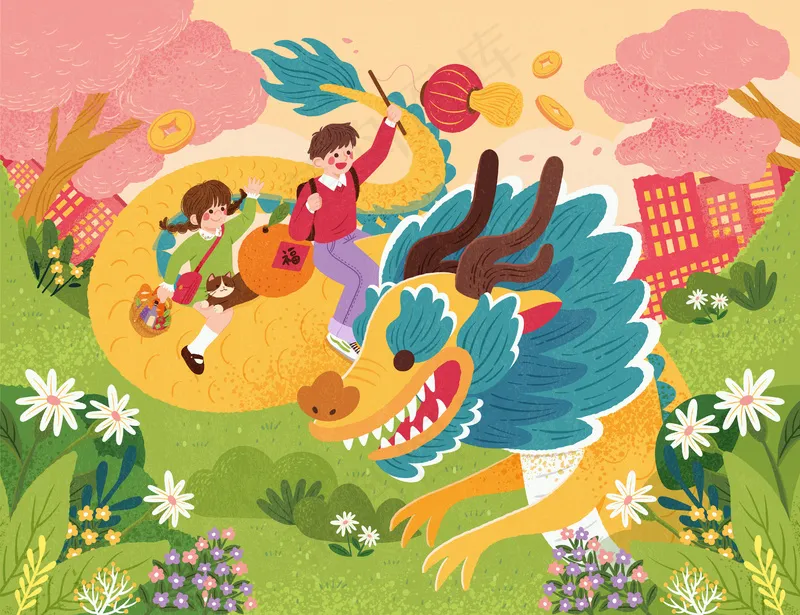龙年春节插画ai矢量模版下载