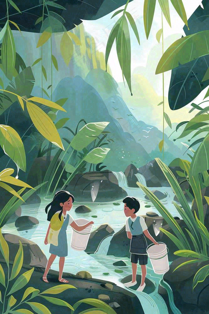 夏天孩子们在森林丛林小溪玩水嬉水处暑夏至卡通插画背景(896x1344)