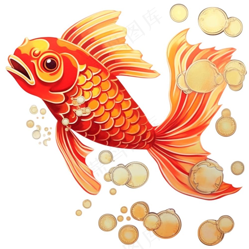 金鱼吐金币新年财富喜庆招财进宝卡通插画免抠