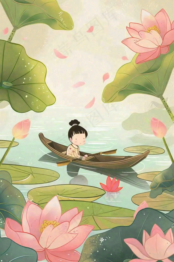 夏日荷花荷叶划船女孩古风国风插画立夏小暑大暑处暑插画背景(896x1344)