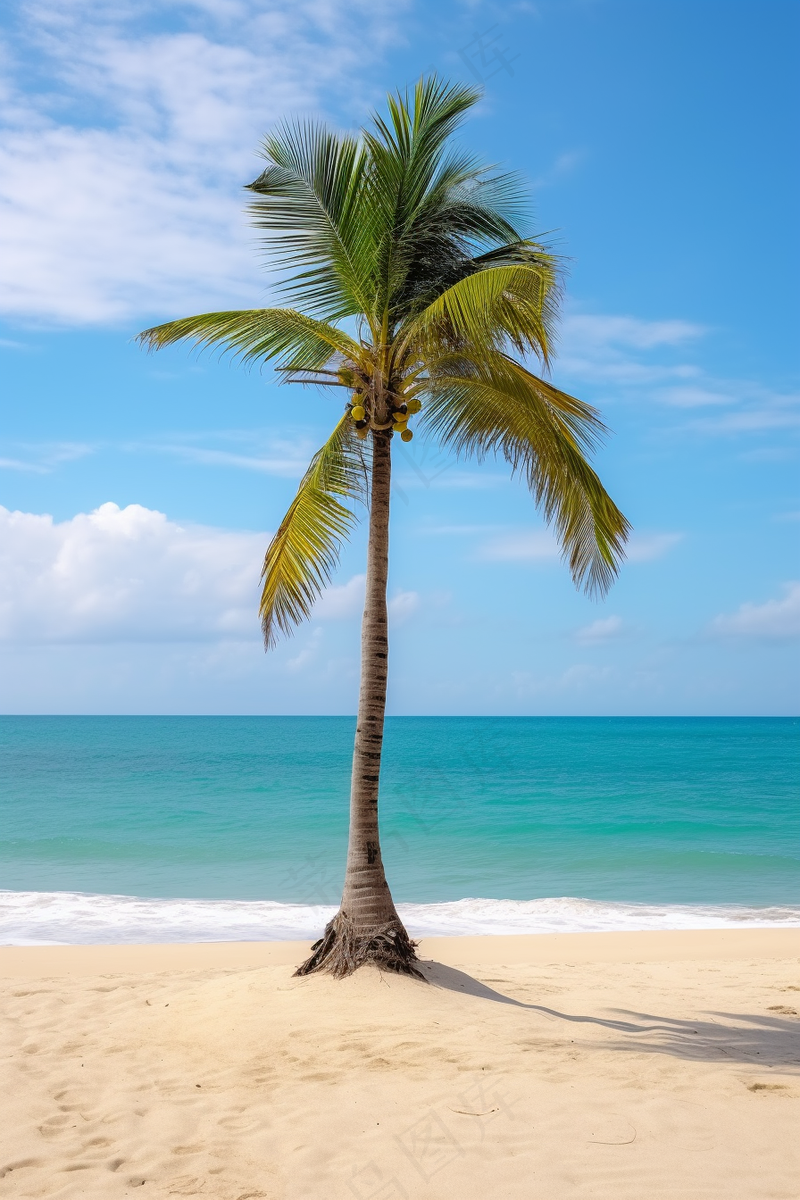 夏日沙滩海边椰树摄影图