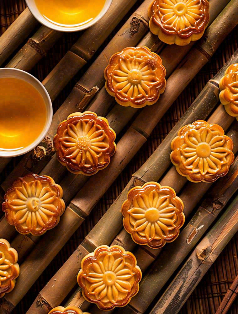 中国传统糕点月饼竹制托盘上的月饼中秋节木制背景摄影图
