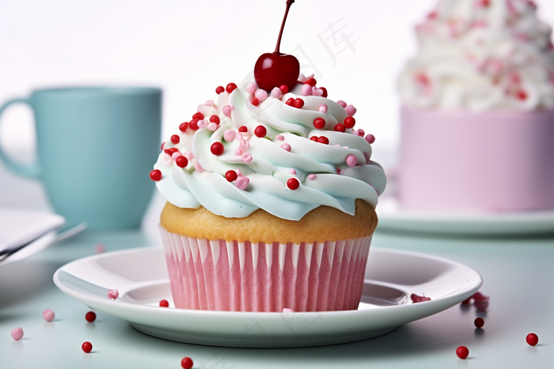 纸杯蛋糕樱桃奶油下午茶摄影图 