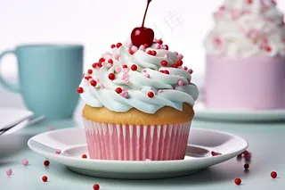 纸杯蛋糕樱桃奶油下午茶摄影图 