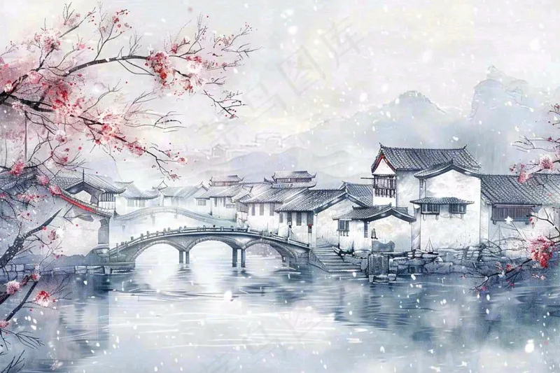 中国江南水乡小镇拱桥梅花小雪安徽冬天寒冷立冬冬至水墨画插画(1344x896)