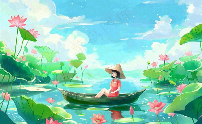 夏日荷叶荷塘女孩坐着船上大暑小暑夏天风景立夏卡通插画背景(1408x864)