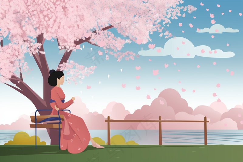 春天樱花树下的女生人物卡通插画背景(4032x2688)