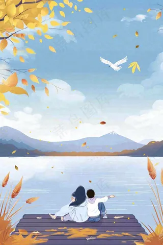 秋天情侣坐着湖边栈道看风景白鹭白露处暑寒露插画背景