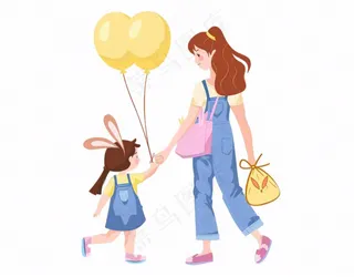 妈妈牵着小孩儿童乐园气球游玩卡通插画免抠