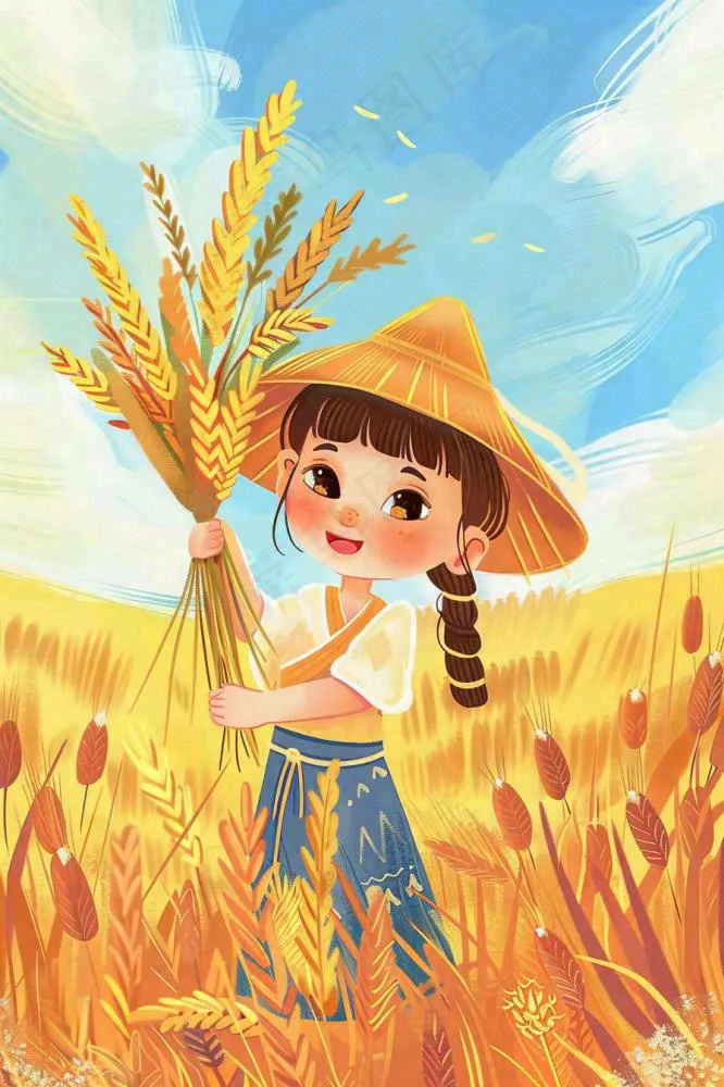 秋收麦田里抱着麦穗的女孩农民芒种立秋秋分卡通插画背景(896x1344)