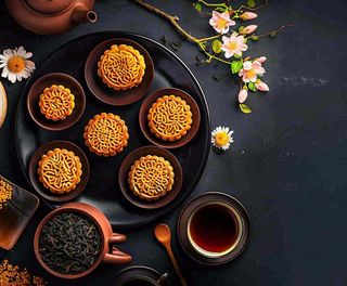 中秋美食月饼中国传统糕点摆盘装饰泡茶摄影图