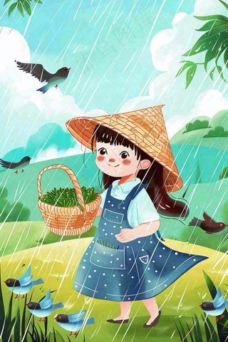 谷雨节气采茶女春天燕子雨水插画