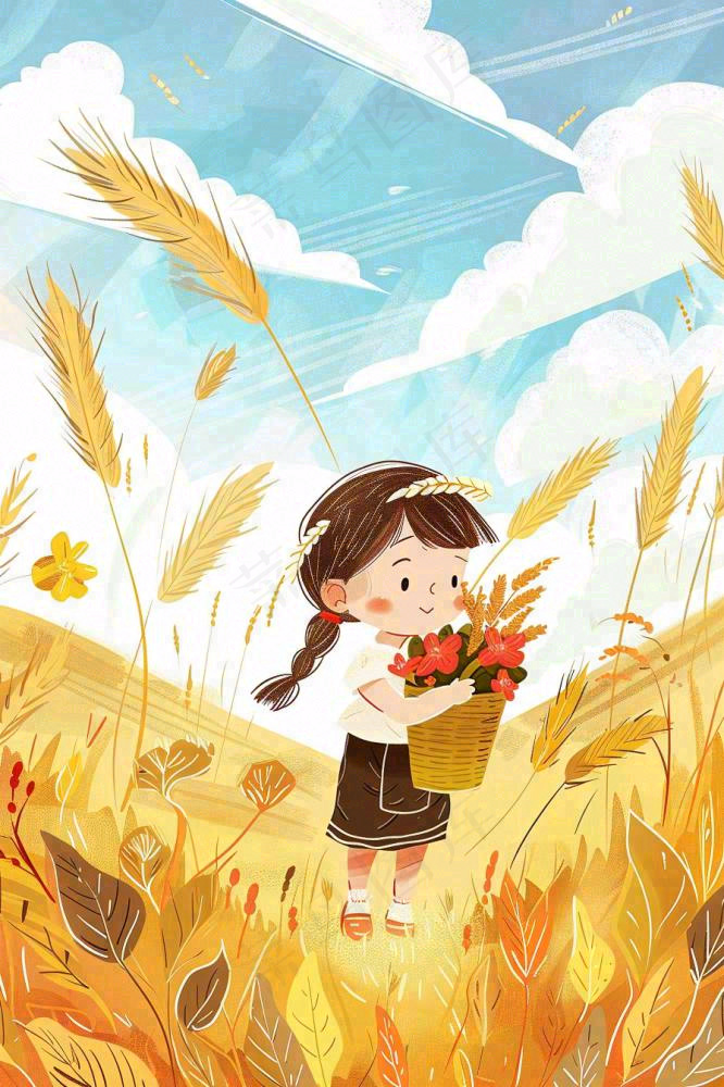 秋意浓丰收季女孩农场采收大雁芒种立秋秋分插画背景