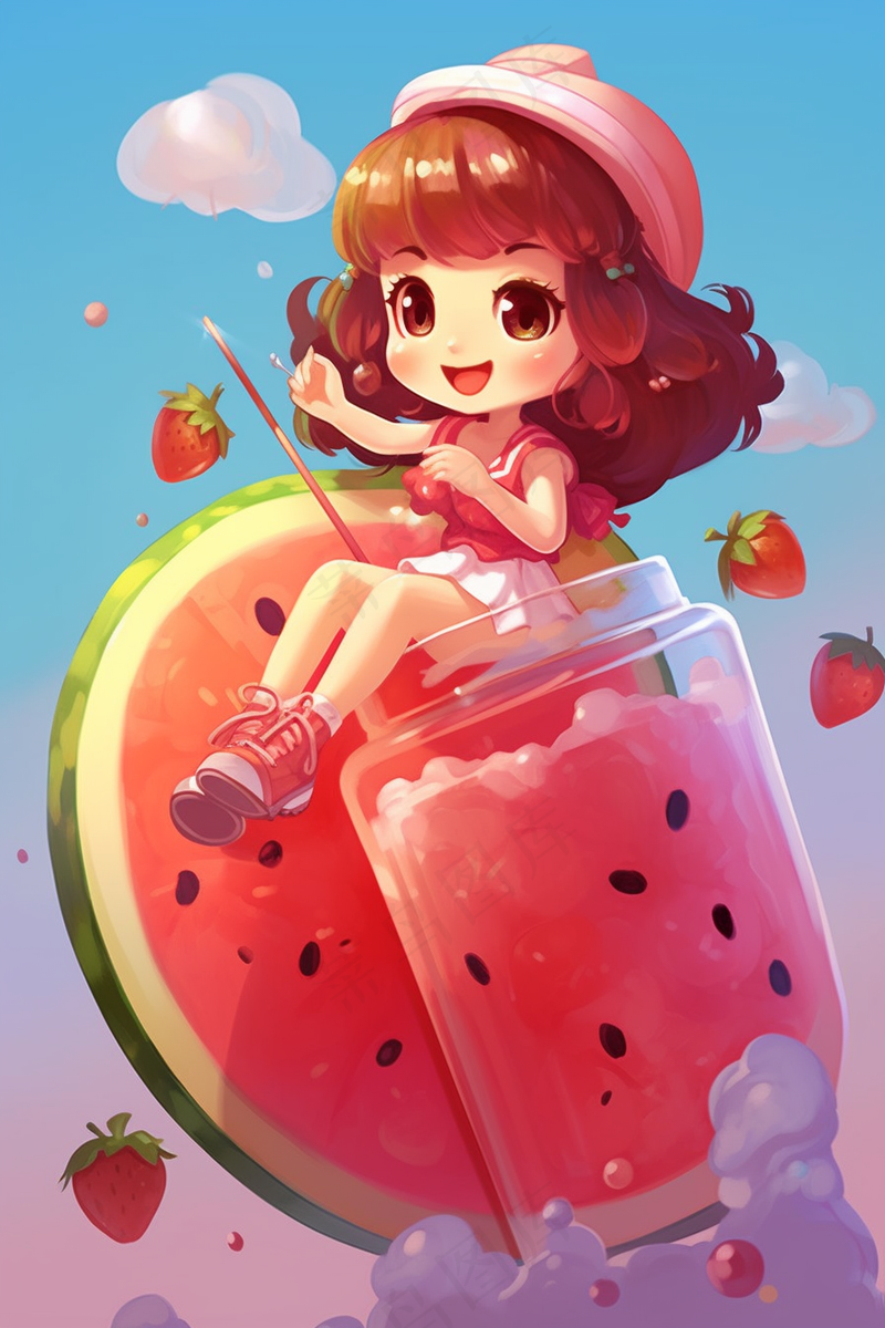夏日冰西瓜汁刨冰饮料女孩坐着可爱卡通插画背景(2688x4032)