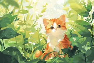 春日草丛里的猫橘猫可爱卡通插画背景