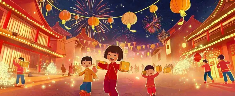 新年热闹街道儿童玩耍喜乐走街串巷灯笼烟花春节小年除夕夜元宵国潮风插画背景(1712x704)