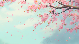 春天樱花桃花树粉色花瓣飘落卡通插画背景