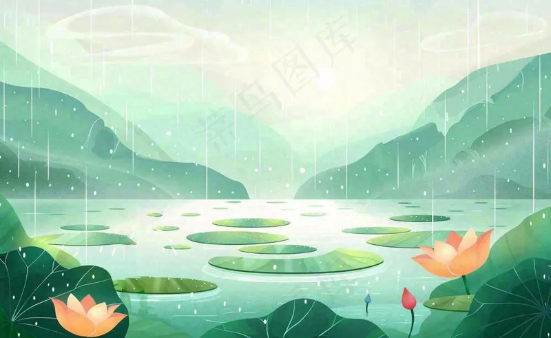 夏日荷花盛开暴雨天气山水花处暑小暑卡通插画背景(1408x864)