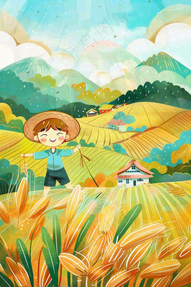 秋天农田丰收山村村庄稻草人水稻小麦立秋秋分芒种卡通插画背景(896x1344)