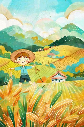 秋天农田丰收山村村庄稻草人水稻小麦立秋秋分芒种卡通插画背景