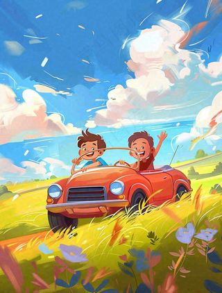 春夏开车环游踏青草丛花丛蓝天白云惊蛰立夏春分小暑卡通插画背景