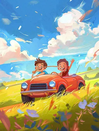春夏开车环游踏青草丛花丛蓝天白云惊蛰立夏春分小暑卡通插画背景