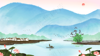 中国风山水彩色国画插画装饰画素材26