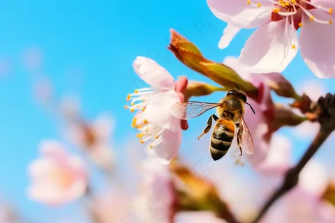 春天惊蛰桃花蜜蜂采蜜摄影图