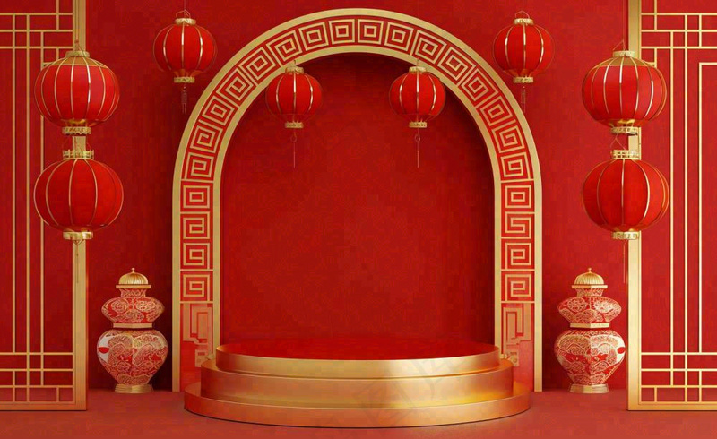 红金创意拱门喜庆新年扇子灯笼C4D展台背景春节背景