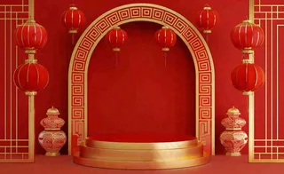 红金创意拱门喜庆新年扇子灯笼C4D展台背景春节背景