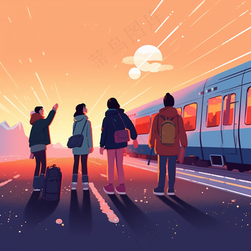 中国传统节日春节除夕春运赶火车回家团聚的人物插画海报背景