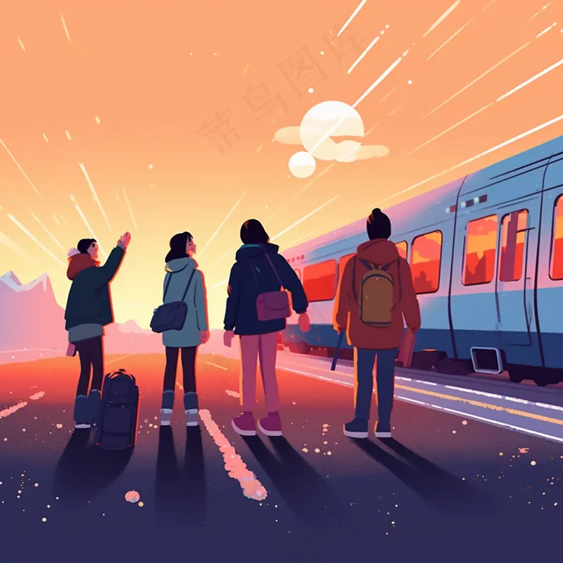中国传统节日春节除夕春运赶火车回家团聚的人物插画海报背景(3072x3072)