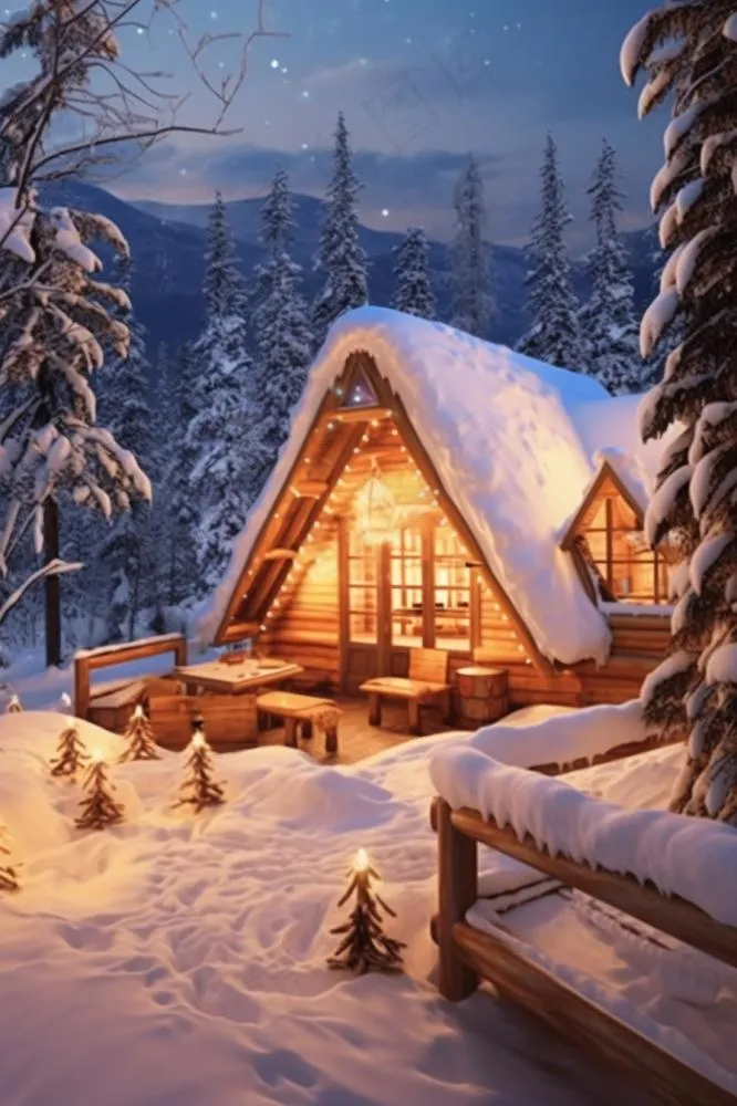 童话故事意境雪屋背景(896x1344)
